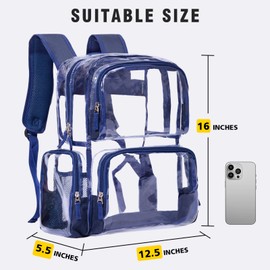Vorspack Clear Backpack - Transparent Backpack with Reinforced Bottom & Multi-pockets for College Workplace Security - Navy