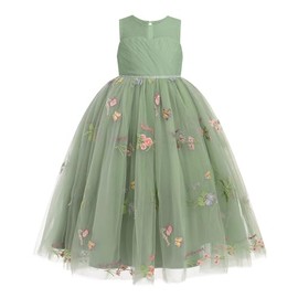 IDOPIP Embroidery Flower Girl Dress for Kids Wedding Bridesmaid Pageant Party Formal Long Gown Little Princess Birthday First Communion Prom Graduation Ruffle Tulle Maxi Ball Dresses Green 7-8 Years