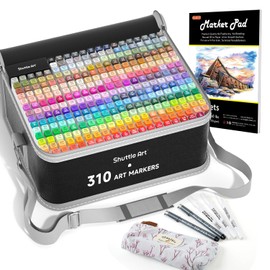 Shuttle Art 310 Colors Alcohol Markers, 309 Colors Dual Tip Art Marker Set Plus Colorless Blender, Micro-tip Pens, White Highlighter Pens, Marker Bag with Holders Perfect for Students Adults Coloring