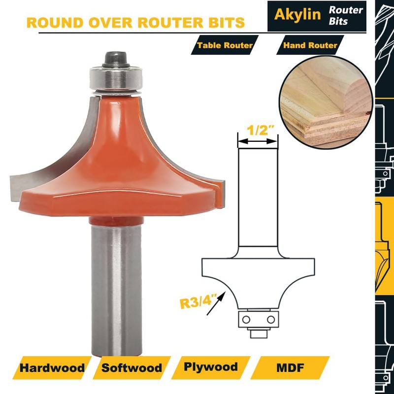 Round Over Router Bits 1/2 Inch Shank,Radius 3/4" Roundover Beading