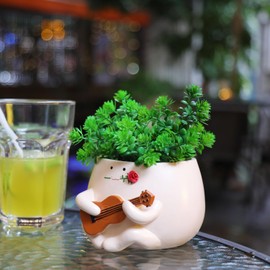 NINIPAPA Face Planter Pots Funny Smiley Guitar Succulent Flower Pots with Drainage Hole for Indoor Plants, Cute Head Plant Pot Unique Planters Gifts on Birthday, Christmas, Mother's Day - Brown