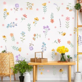 Boho Watercolor Flower Wall Decals - Removable Wildflower Art for Girls Bedroom, Nursery, Kids Room - DIY Cute Vinyl Murals Decorations