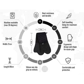 Homefolk Double-Sided Oven Gloves, Black, Non-Slip Silicon Grip Double Oven Glove, Heat Resistant, Professional, Modern Cooking Oven Mitt & Potholder for Grilling, Cooking, Baking, Barbecue, 1 pair