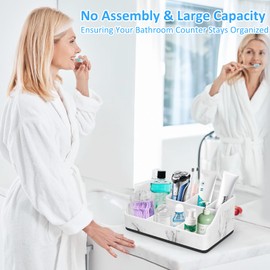 Marble Toothbrush Holder for Bathroom Organizer Countertop, Toothbrush Organizer with Qtip Holder Dispenser, White Toothbrush and Toothpaste Holder for Bathroom Counter Organization Storage Vanity