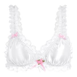 Satini Sissy Frilly Lace Fitted Satin Bralette Bra (White, XL)