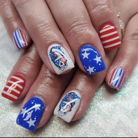 Mkwntg 4th of July Press on Nails Short Square Fake Nails Blue Red Glue on Nails Glossy Independence Day Acrylic Nails with Skull Stripes Stars Design for Women Girls Manicure Nail Decorations 24Pcs