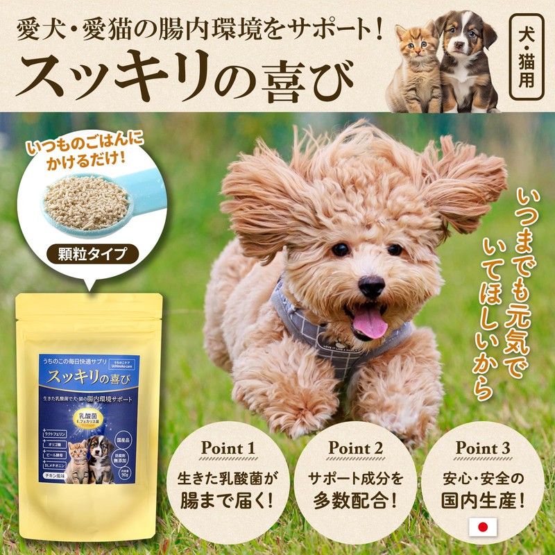 犬猫用 乳酸菌 サプリ ペットの健康維持 腸活・消化サポート すっきりした毎日を応援【公式】うちのこケア スッキリの喜び （生きた乳酸菌で愛犬愛猫の健康維持）【国産・大容量:90g】