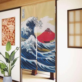 Vtrbwze Noren Japanese Doorway Curtain Tapestry Decorations Room Divider Curtain Privacy Anime Curtains (The Great Wave Off Kanagawa + Red Fuji, 33.5" W x 59" L)