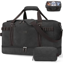 ZOMFELT Travel Duffle Bag for Men Women, Waterproof Canvas Overnight Duffel Bag with Removable Dividers & Shoe Compartment, Carry On Weekender Gym bag, Multi-Pocket & Vintage Design (Washed Black)