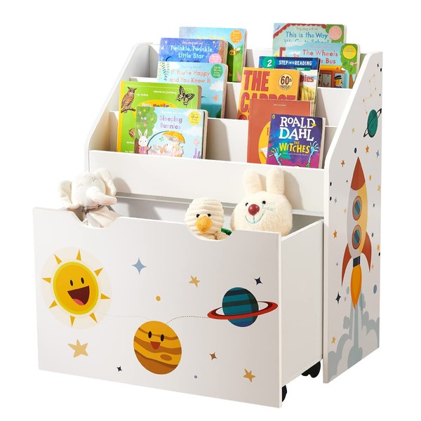 SONGMICS Kids Bookshelf, Toy Organizer, Chest and Bookcase with 3 Shelves, Storage Box with Wheels, Multipurpose, Space Theme 11.6D x 24.6W x 27.6H in