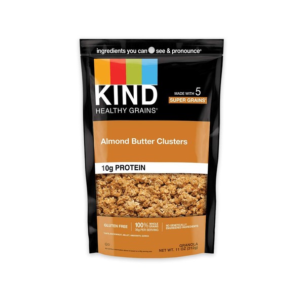 KIND Healthy Grains Clusters, Almond Butter Granola, 10g Protein, Gluten Free, 11 Ounce (Pack of 6)