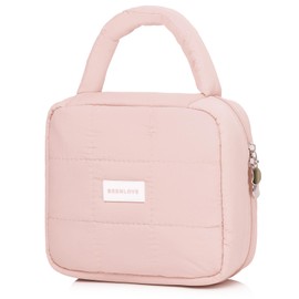 Pinkmik Quilted Makeup Bag Puffer Cosmetic bag Cute Toiletry Bag Travel Essential Makeup Organizer for Girl and Women (A/Pink)