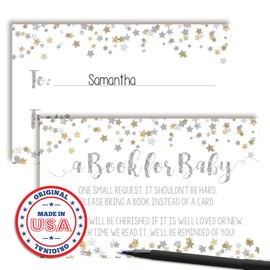 Gold & Silver Twinkle Little Star Themed “Bring A Book” Cards for Gender Neutral Baby Showers, 20 2.5" X 4” Double Sided Insert Cards by AmandaCreation, Invite Guests to Bring A Book for the New Arriv