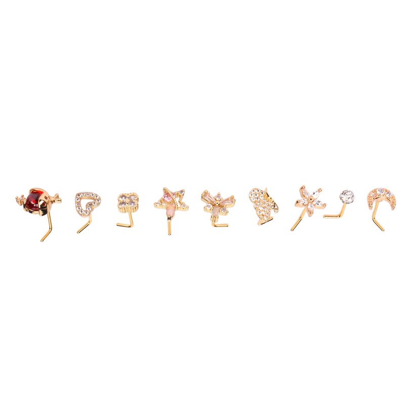 9pcs Nose Studs Set Golden Stainless Steel L Shape Shiny