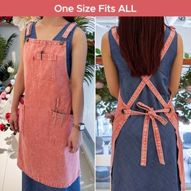 VANTOO Denim Chef Apron for Women with Pockets, Pink Jean Waitress Server Kitchen Apron for Men Women Cooking Gardening Painting Hairstylist (58-Pink)