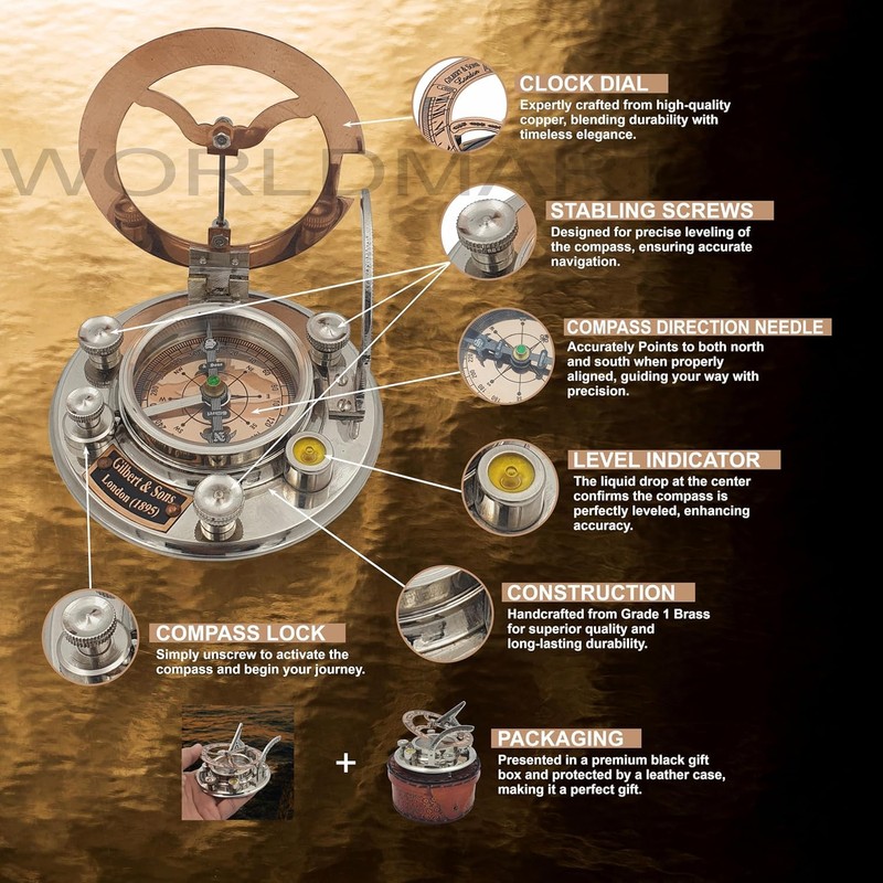 WOANIN Antique Brass & Copper Sundial Compass silver Clock in