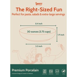 Sweese Large Salad Serving Bowls, 30 Ounce Porcelain White Pasta Plates Set of 6, 8.4 Inch Pasta Bowls for Dinner, Salad - Microwave Dishwasher