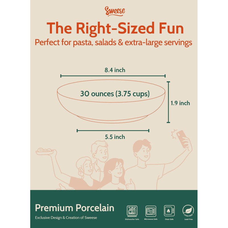 Sweese Large Salad Serving Bowls, 30 Ounce Porcelain White Pasta