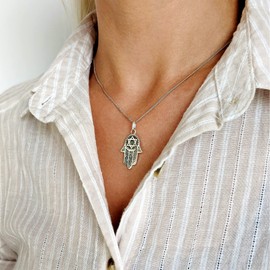 Silverly Women's 925 Sterling Silver Hamsa Fatima Hand Star Protection Pendant Chain Necklace, 46cm