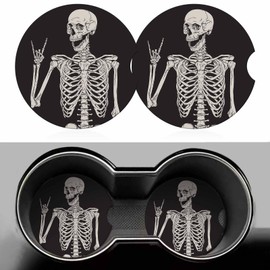 Human Skeleton Car Coasters for Cup Holders Car Cup Holder Coasters 2 Pack for Car, Anti Slip Ceramic Car Cup Mat with Finger Notch Cute Car Interior Accessories for Women Men