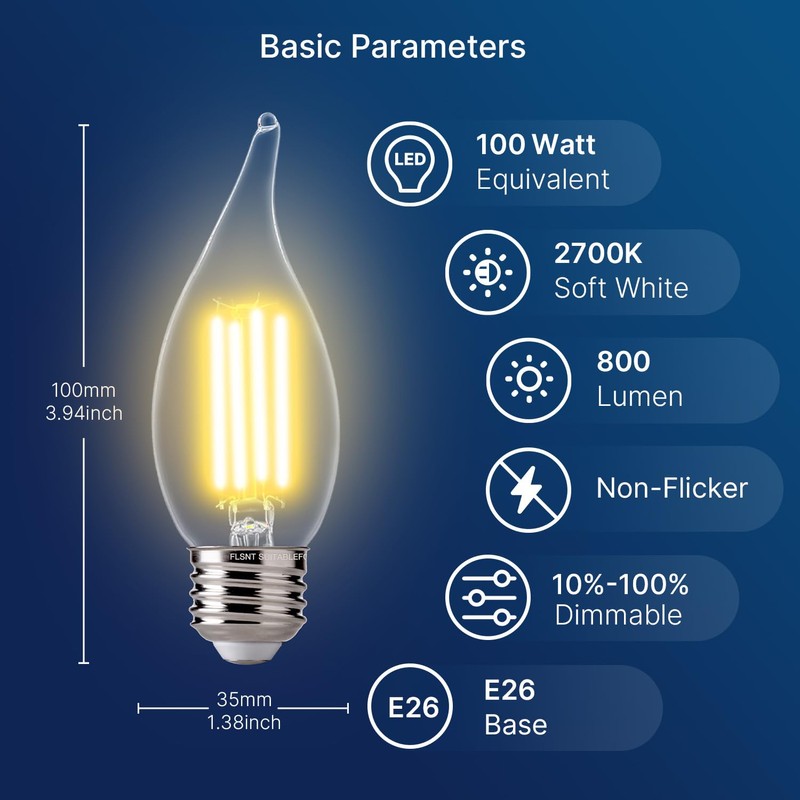FLSNT 2700K Soft White LED Chandelier Edison Bulbs, 100W Equivalent,