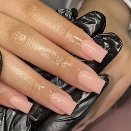 KQueenest Pink Press on Nails Medium Short Square, Soft Gel Fake Nails Short Coffin, Solid Color, Glossy Finish, Natural Fit Reusable Stick on Nails for Women Daily Wedding, 24 Pcs