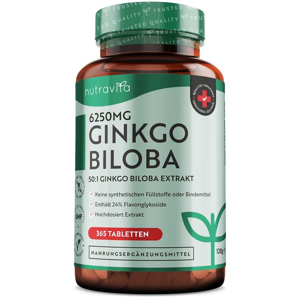Ginkgo Biloba 6250 mg - 365 Tablets - High Dose and Premium Quality - Ginko Extract Highly Concentrated - Extract 50:1 - Contains 24% Flavonoglycosides - Vegan - Made by Nutravita