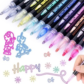 TSZCOO 12 Colores Marcadores Metálicos de Doble Línea,Plumones Mágico para Contornos,Marcadores Acrílicos,Álbumes de Fotos, Tarjetas de Felicitación,garabatos,Dibujar,Hacer Carteles