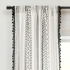 Lush Decor Hygge Boho Stripe Tassel Window Curtain Panel Pair, 52" W x 84" L, Black & White