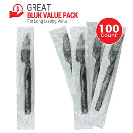 3X Heavy Duty Plastic Knives Individually Wrapped, Sturdy Like Silverware, 100 Pack Black Disposable Plastic Knives Bulk, Packaged To-Go Utensil Set, Perfect for Restaurant, Take Out and Catering.