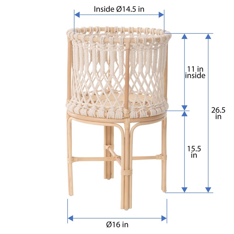 Kouboo Round Rattan Planter Stand with Handmade White Cotton Rope