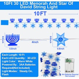 TURNMEON [Timer 10Ft 30LED Hanukkah Decorations Menorah Star of David String Light Battery Operated Chanukkah Lights Blue Lights Hanukkah Decor for Jewish Judaism Passover Rosh Hashana Decor Party