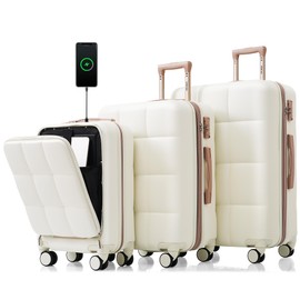 Merax Luggage Sets 3 Pcs, 20 USB Port and Front Opening Design with Spinner Wheel, Cup Holder, White(Vertical or Horizontal Stripe), 20/24/28 Inch