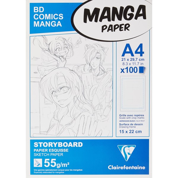 Clairefontaine 94038C Bloc Encollé Manga et Storyboard - 100 Feuilles Papier Esquisse Blanc A4 21x29,7 cm 55g - Papier imprimé avec une Grille divisée en 6 Cases