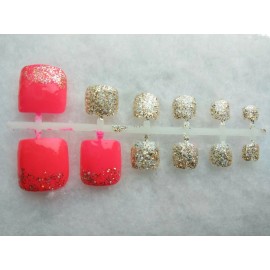 Meredith's Neon Pink Orange Gold Glitter Artificial Toe Nail Pedicure Set "Golden Kiss"