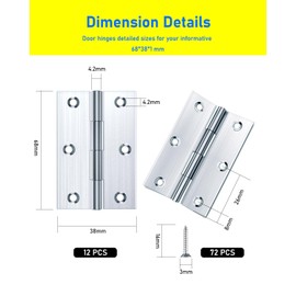 HOLMOL Foldable Hinges, Pack of 12, 68 × 38 mm Hinges Stainless Steel Outside, Foldable Silver Stainless Steel Hinges, Hinges Heavy Duty with 72 Pieces Screws, Door Hinges for Wooden Doors, Windows