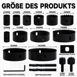 METOTY 18-Piece (19-102 mm) Bi-Metal Hole Saw Set, Carbide Steel Cutter for Wood, Plasterboard & Plastic, Ultra Sharp Teeth, Quick Change, Includes Mandrel and Hex Key
