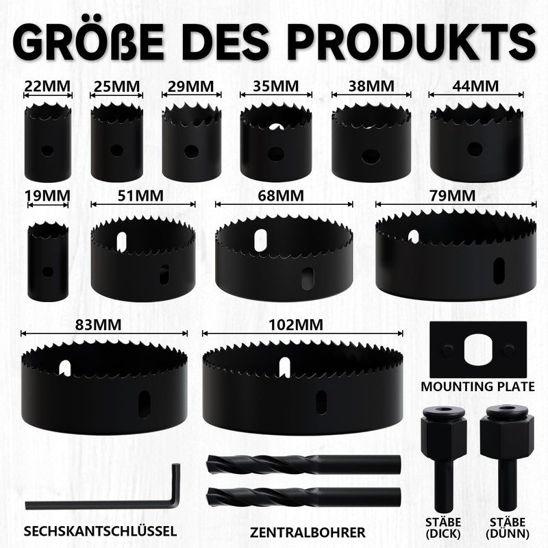 METOTY 18-Piece (19-102 mm) Bi-Metal Hole Saw Set, Carbide Steel