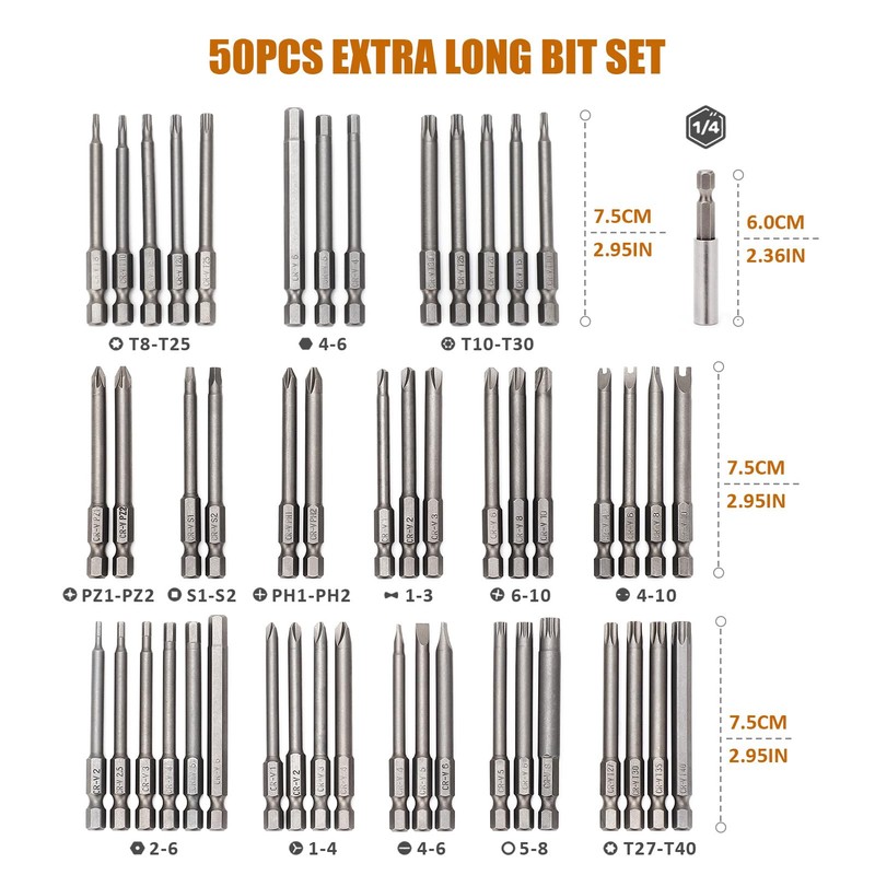 Keenso 50PCS Extension Screwdriver Bit Set, 3" Long Drill Security