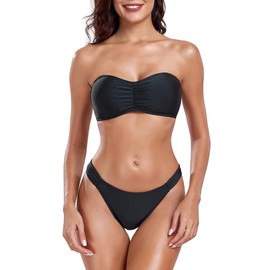 Colloyes Women's Removable Spaghetti Straps Bikini Sets Ruched Bandeau Two Piece Swimsuits High Cut Ruched Side Bottom Bathing Suits Black Size Large
