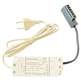 LED Transformer 12 V DC, 0-15 W, 1.25 A, Stabilised Voltage, 6-Way AMP Distributor, 15 cm Output Cable, 1.5 m Connection Cable with Euro Plug, Compact Size, Ideal for LED Lighting
