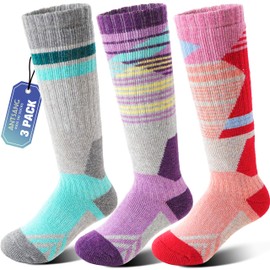 ANTSANG Kids Merino Wool Ski Socks for Boys Girls Teen Thermal Warm Thick Winter Hiking Knee High Socks Stocking Stuffers for Snowboarding Skiing(Assorted B,4-7 Y)