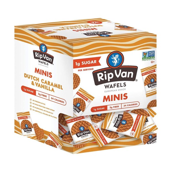 Rip Van Wafels Dutch Caramel & Vanilla Mini Stroopwafels - Low Carb/Calorie (3g Net Carbs) - Non GMO- Keto Friendly - Office Snacks - (34 Calories) - Low Sugar (1g) - 32 Pack
