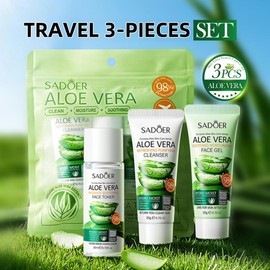 3PCS Aloe Vera Travel Skincare Set for Women & Teenage Girls - Hydrating Soothing Facial Kit with Repairing Gel | Glowing Skin Care Gifts, Face Care Essentials for Dry Sensitive Skin