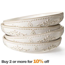 Artena Pasta Bowls, 50oz Large Salad Serving Bowls, 9.75'' Plates Bowls Set of 4, Big White Ceramic Soup Bowls for Kitchen, Embossment Shallow Dinner Bowl, Microwave Dishwasher Safe, Damask Floral - Color: Multiple Patterns