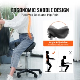 Happybuy Saddle Stool with Wheels, 400 LBS Weight Capacity, Height-Adjustable PU Leather Swivel Saddle Stool Chair for Salon, Spa, Tattoo, and Clinic Use, Black