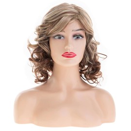 Dsimeig Kurze lockige wellige braune blonde Perücken für Frauen Schulterlänge synthetische Seitenteil Cosplay Party Haarperücke