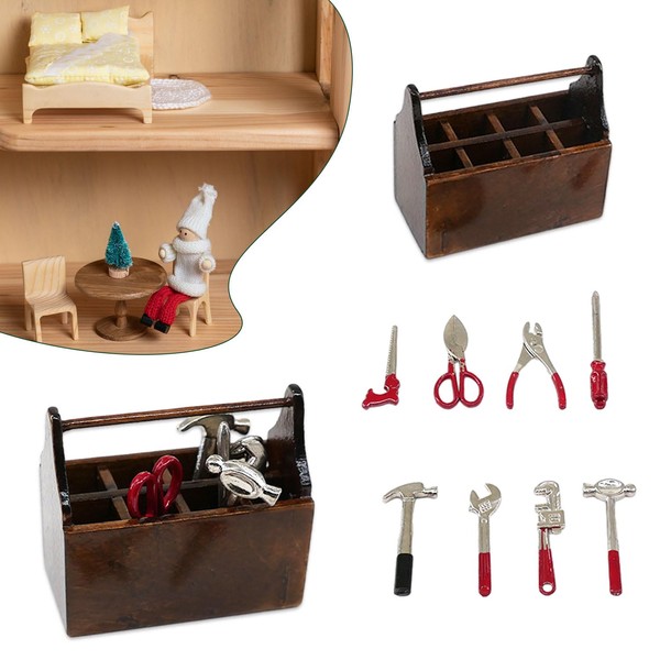 RYAN 1 Piece Dollhouse Accessories Wooden Miniature Tool Box 1:12 Miniature Decoration with 8 Different Metal Tools Simulation Ornament Decor for Dollhouse Garden Tools
