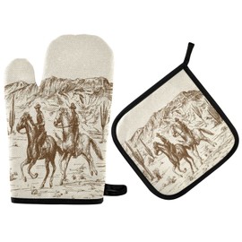 QUGRL Wild West Cowboys Oven Mitts and Pot Holders Set American Desert Kitchen Oven Gloves Hot Pads Heat Resistant Handling Cooking Cookware Bakeware BBQ