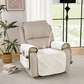 Pamhaven Quilted Recliner Seat Covers Stay in Place, Quilted Recliner Chair Covers, White Recliner Cover for Dogs, Washable Chair Protector (Recliner 22", Cream White)